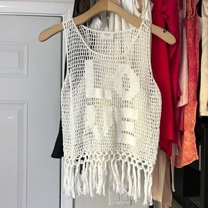 ANNA‎ KOSTUROVA white cotton open crochet knit fringe hem cropped sweater tank